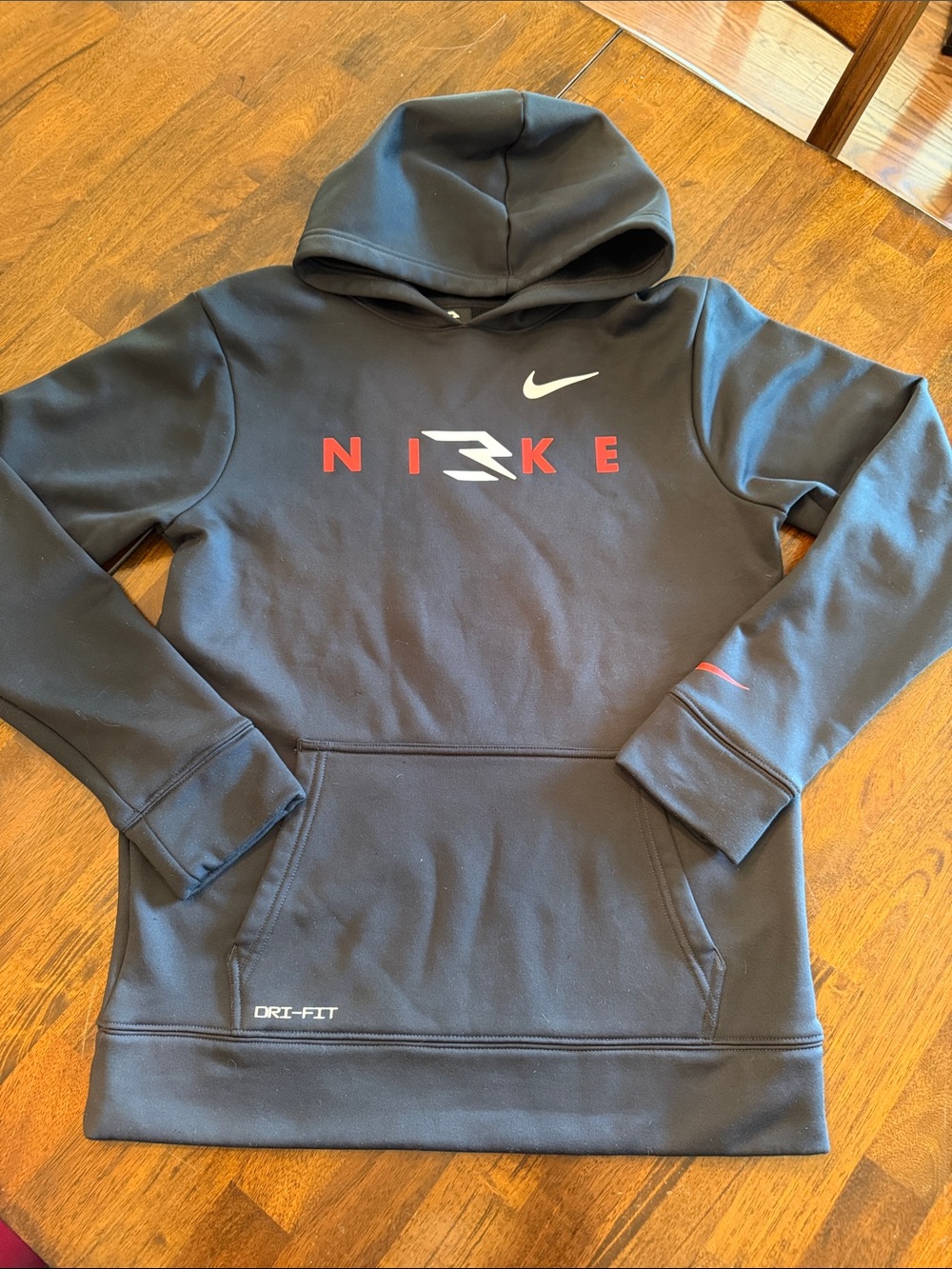 Boys Nike Black Hoodie with Red and White Logos, Boys size XLarge Dry Fit